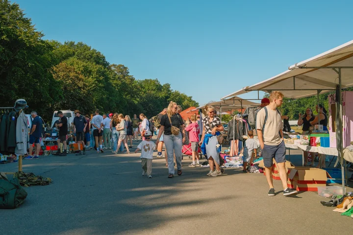 Bezoekers bekijken marktwaar tijdens 100 jaar Stadspark Groningen